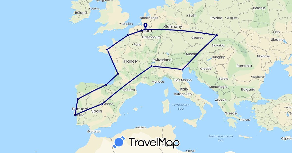 TravelMap itinerary: driving in Belgium, Spain, France, Italy, Poland, Portugal (Europe)